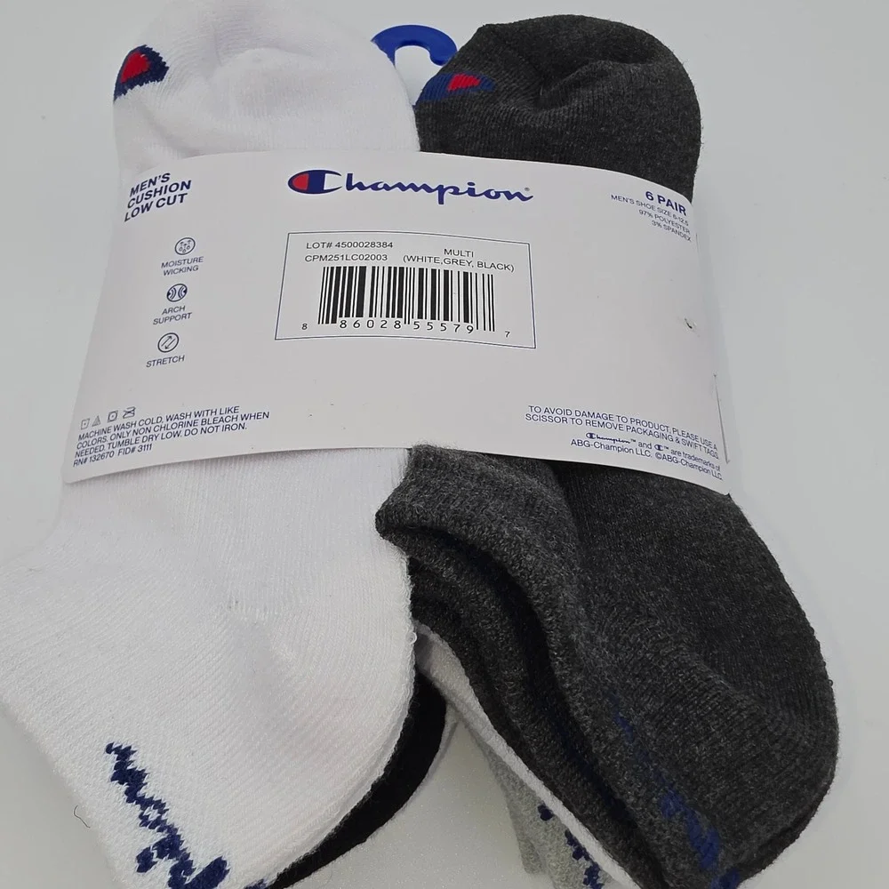 Champion Mens Performance Cushion Low Cut Socks 6 Pk Multi CPM251LC02003 6-12.5